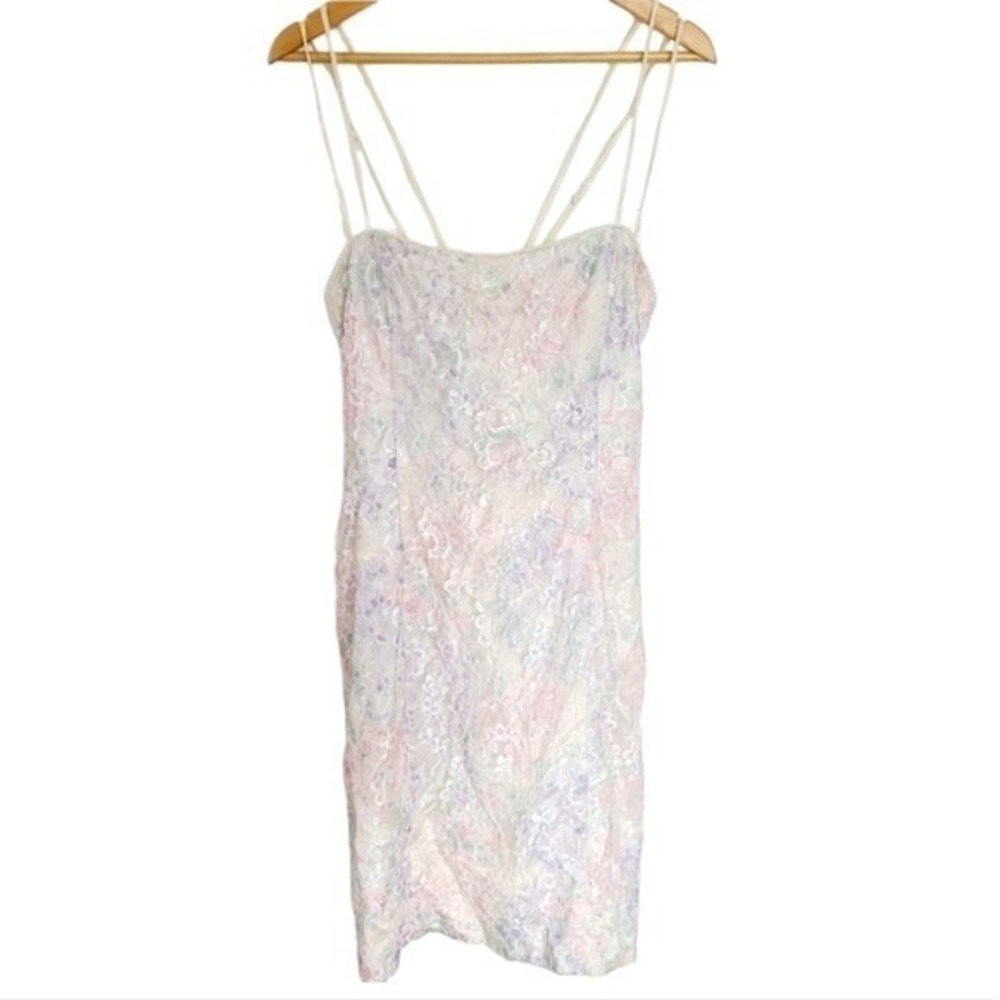 Vintage Nu Mode Strappy Pastel Lace Formal Sheath‎ Dress 80s Knee Length Women